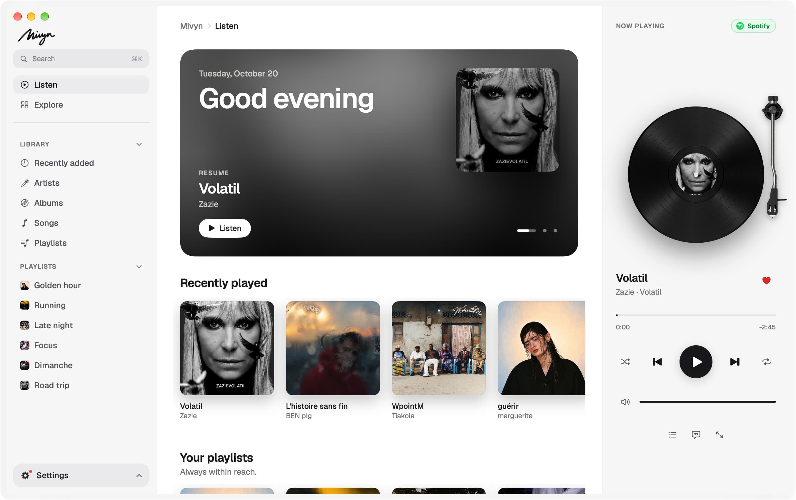 Mivyn for Mac: your library on the left, the turntable and the current track on the right.